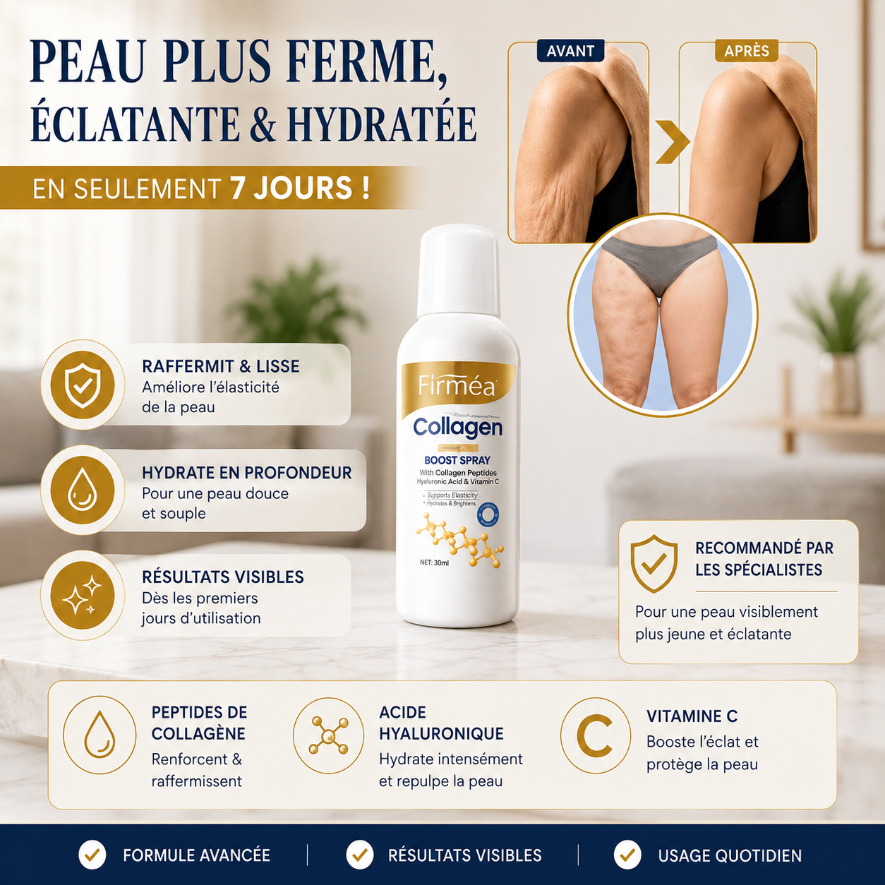 Firméa™ Collagen Boost Spray | Peptides de Collagène, Acide Hyaluronique & Vitamine C pour une peau plus ferme, hydratée et éclatante en seulement 7 jours.