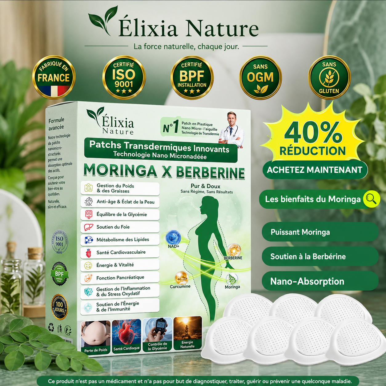 Élixia Nature™ Moringa & Berbérine | Patch Minceur Premium | Technologie NanoPatch Avancée | Résultats Visibles en 3 à 7 Jours*