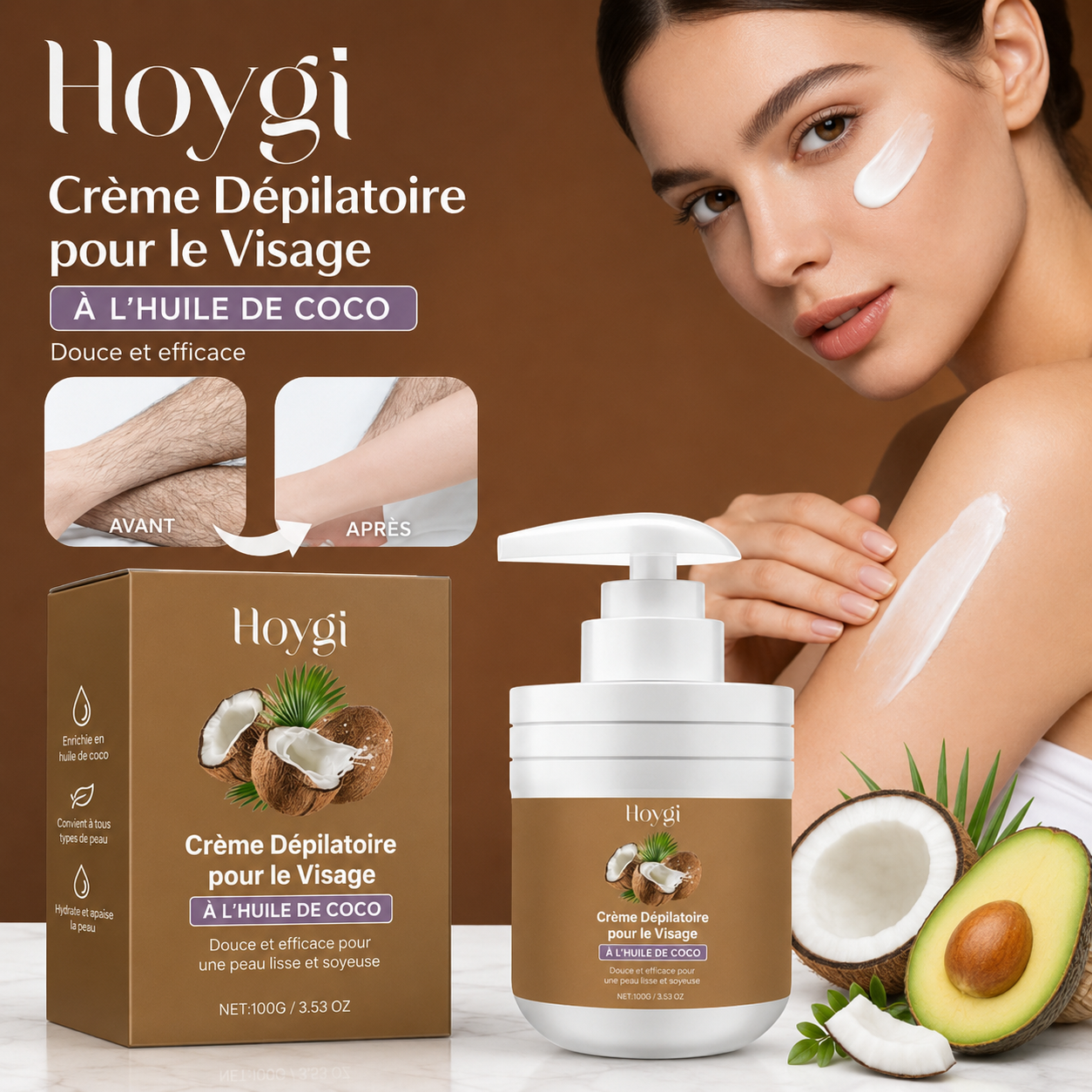 Hoygi™ Crème Dépilatoire | Formule Apaisante à la Noix de Coco pour une Peau Douce et Lisse en Quelques Minutes